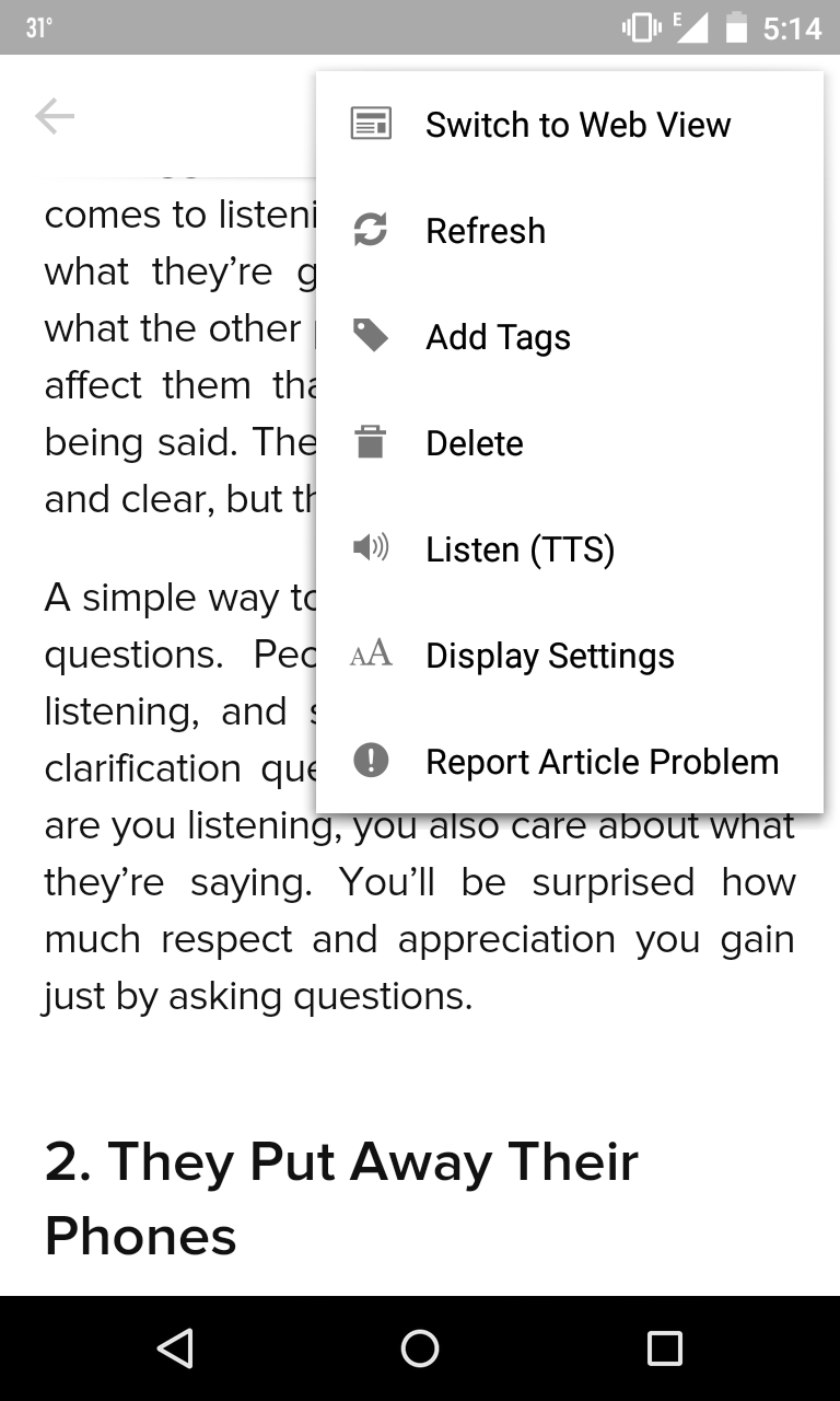 Pocket app UI 2nd screen
