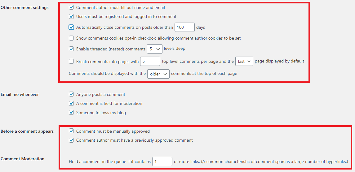 comment moderation settings in WordPress to stop spam comments