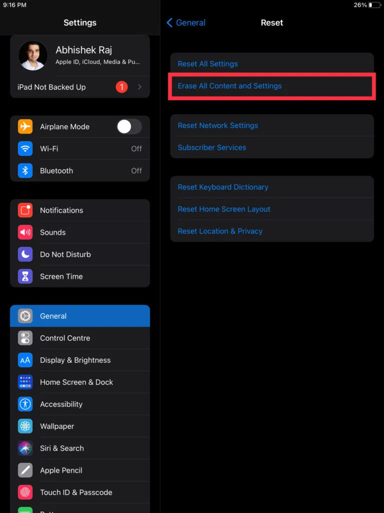 Factory reset settings in iPad