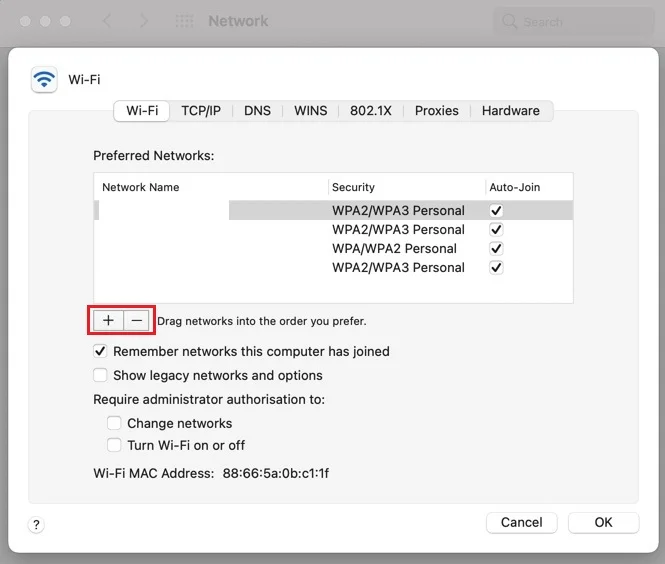 Deleting and then re-adding a Wi-Fi network in a Mac