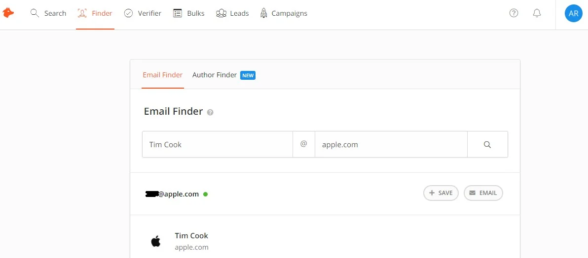 Finding someone's email using Hunder.io 
