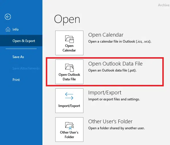 Retrieve Archive PST file in Outlook