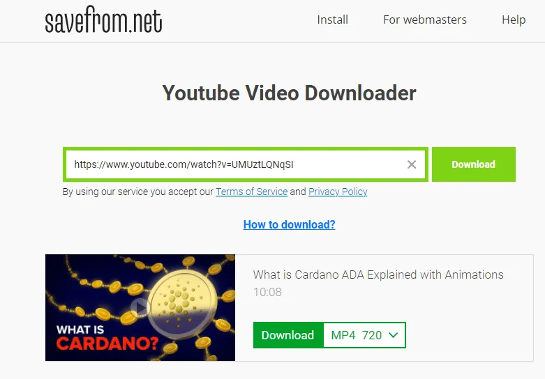 Savefrom.net YouTube video download page