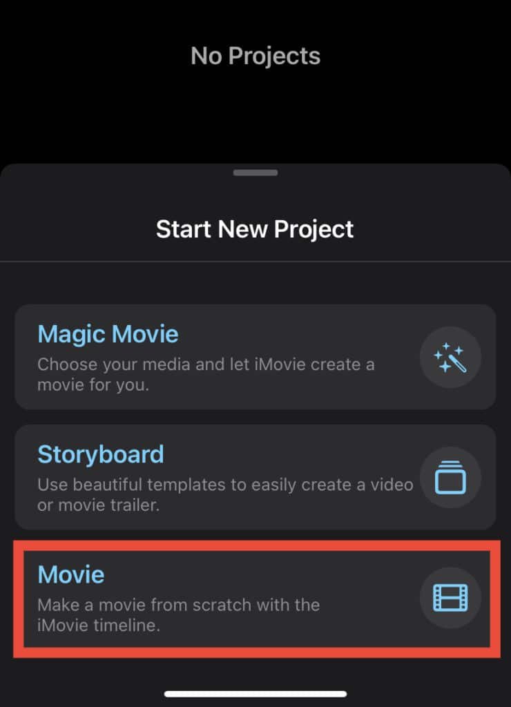 Start a new movie project in iMovies