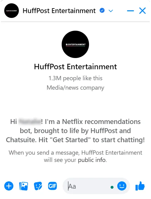 Chatbot of Huffington Post Entertainment available on Facebook