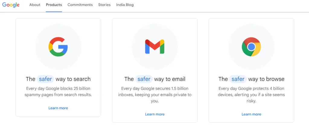Google products webpage example