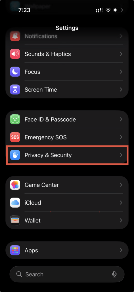 Privacy and Security in settings