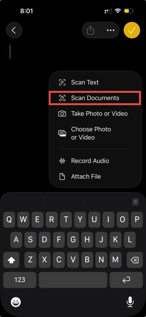 Scan documents in Notes app