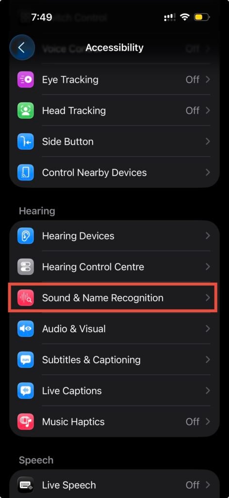 Sound and Name recognition in Settings -> Accessibility