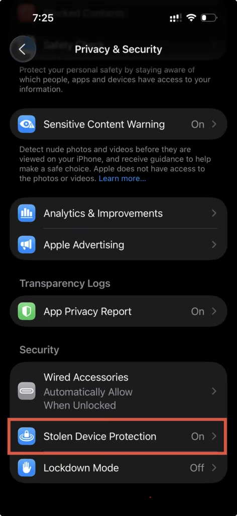 Stolen Device Protection in settings