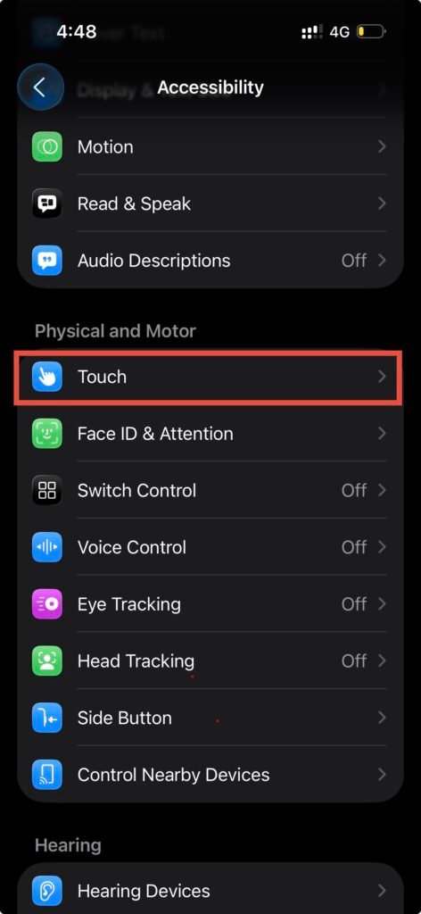Touch under Accessibility menu - Screenshot