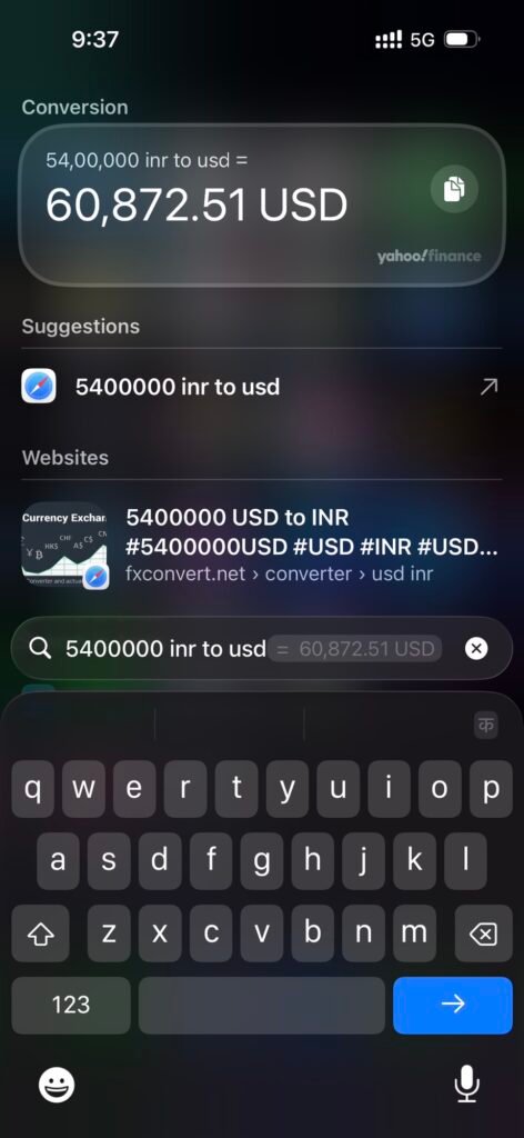 Screenshot - Currency conversion in spotlight search