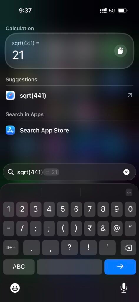 Screenshot - Square root in spotlight search