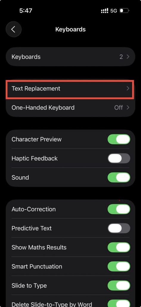 Screenshot - Text replacement shortcut