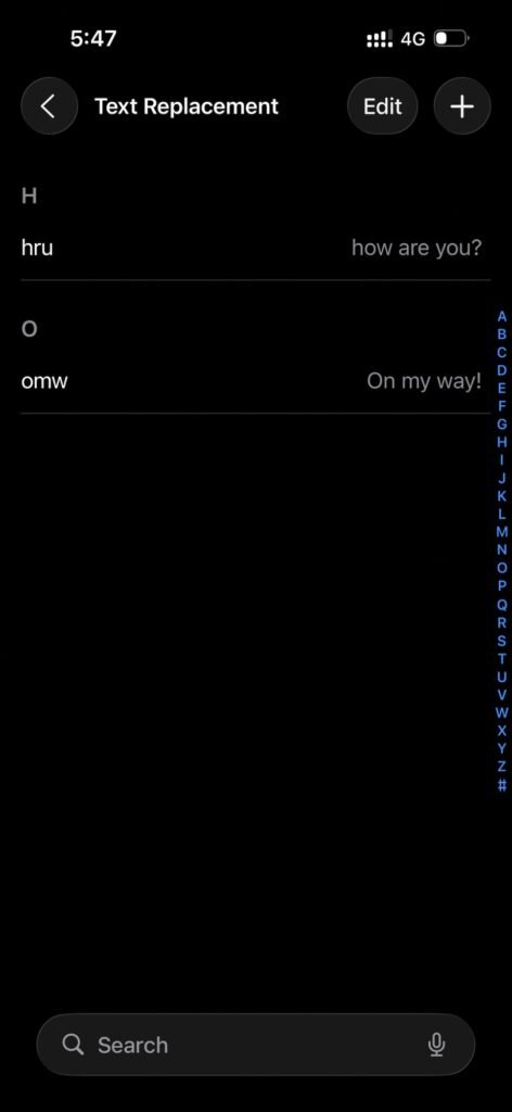 Screenshot - text replacement phrases in iPhone